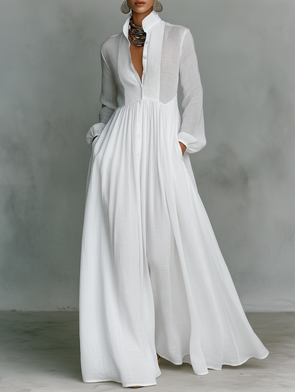 Abito lungo Alessia in cotone e lino con elegante patchwork