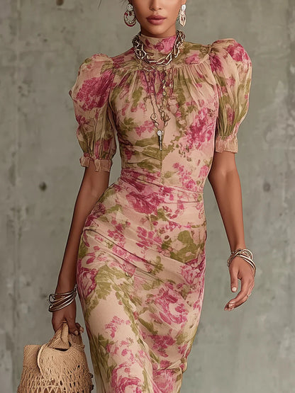 Vestito Lungo Fiora con Stampa Vintage a Rose e Maniche a Palloncino