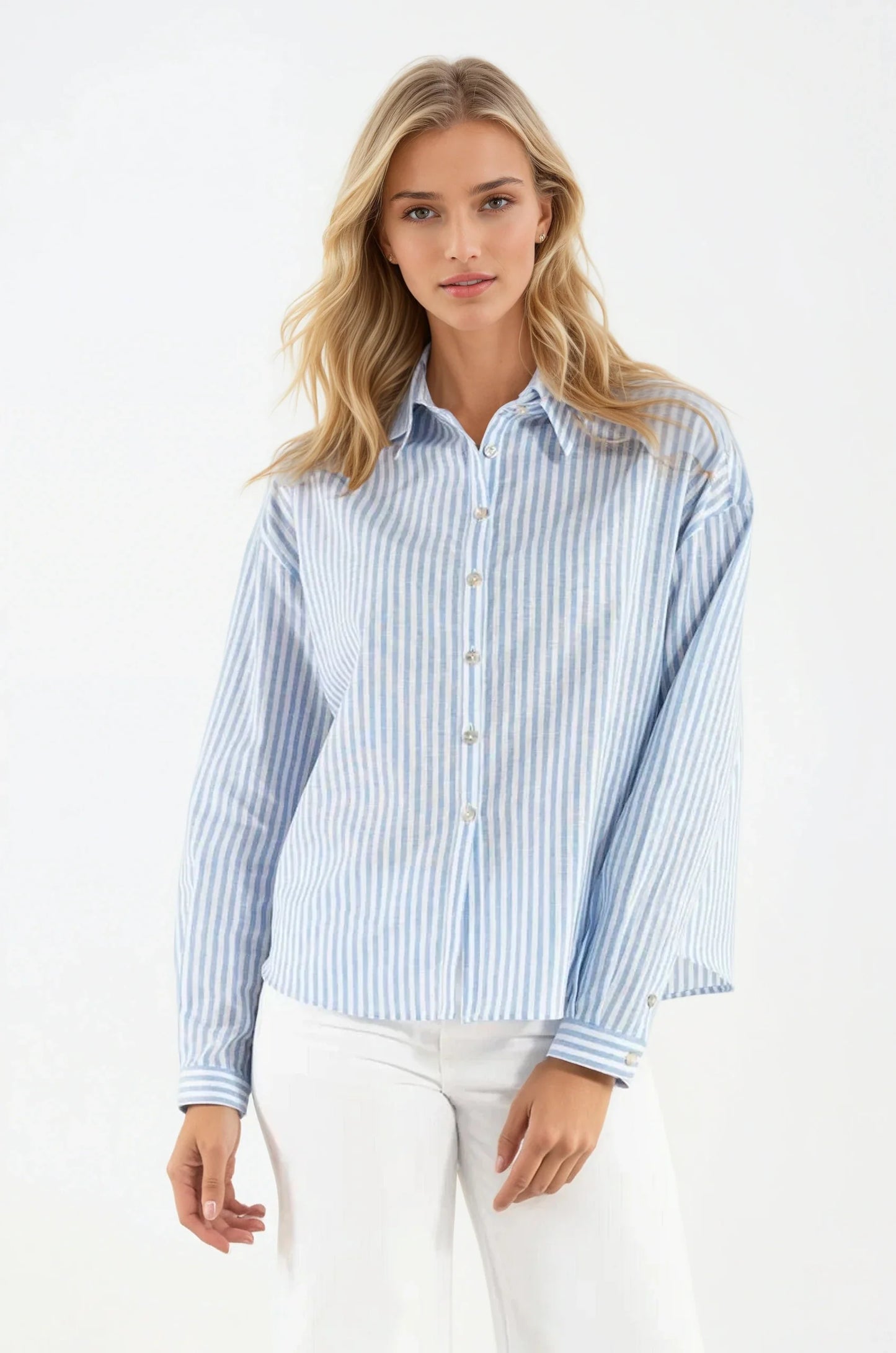 Camicia di Lino Rigata Celeste Monte Carlo