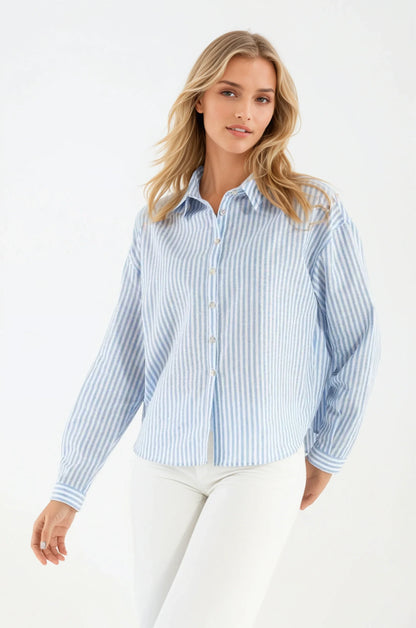 Camicia di Lino Rigata Celeste Monte Carlo